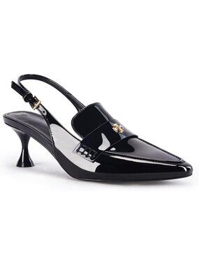 Women's Black Faux Leather Pointed Toe Slip On Ankle Buckle Kitten Heel Pumps